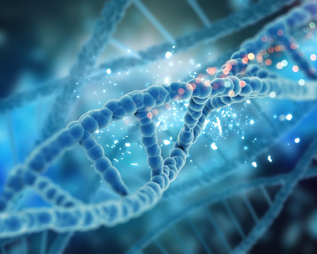 Representación cercana de una estructura de ADN en tonos azules